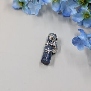 Genuine Lapis Laxuli Stone Wand With Silver Gecko Vintage Pendant